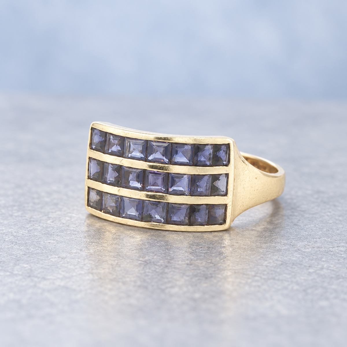 Estate 10K Yellow Gold Natural Tanzanite Three-Row Ring – SZ 7