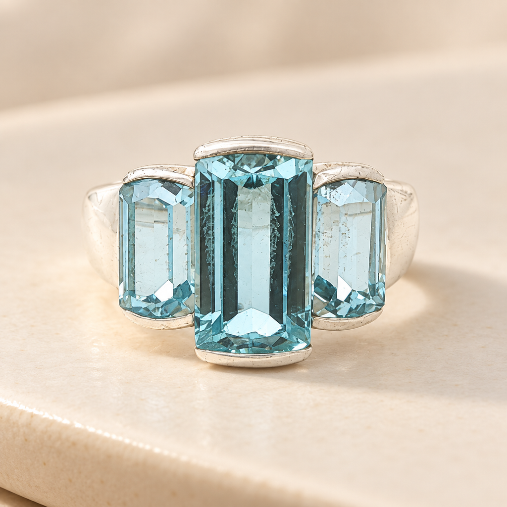 Vintage Estate Sterling Silver Three-Stone Aquamarine Ring – SZ 7