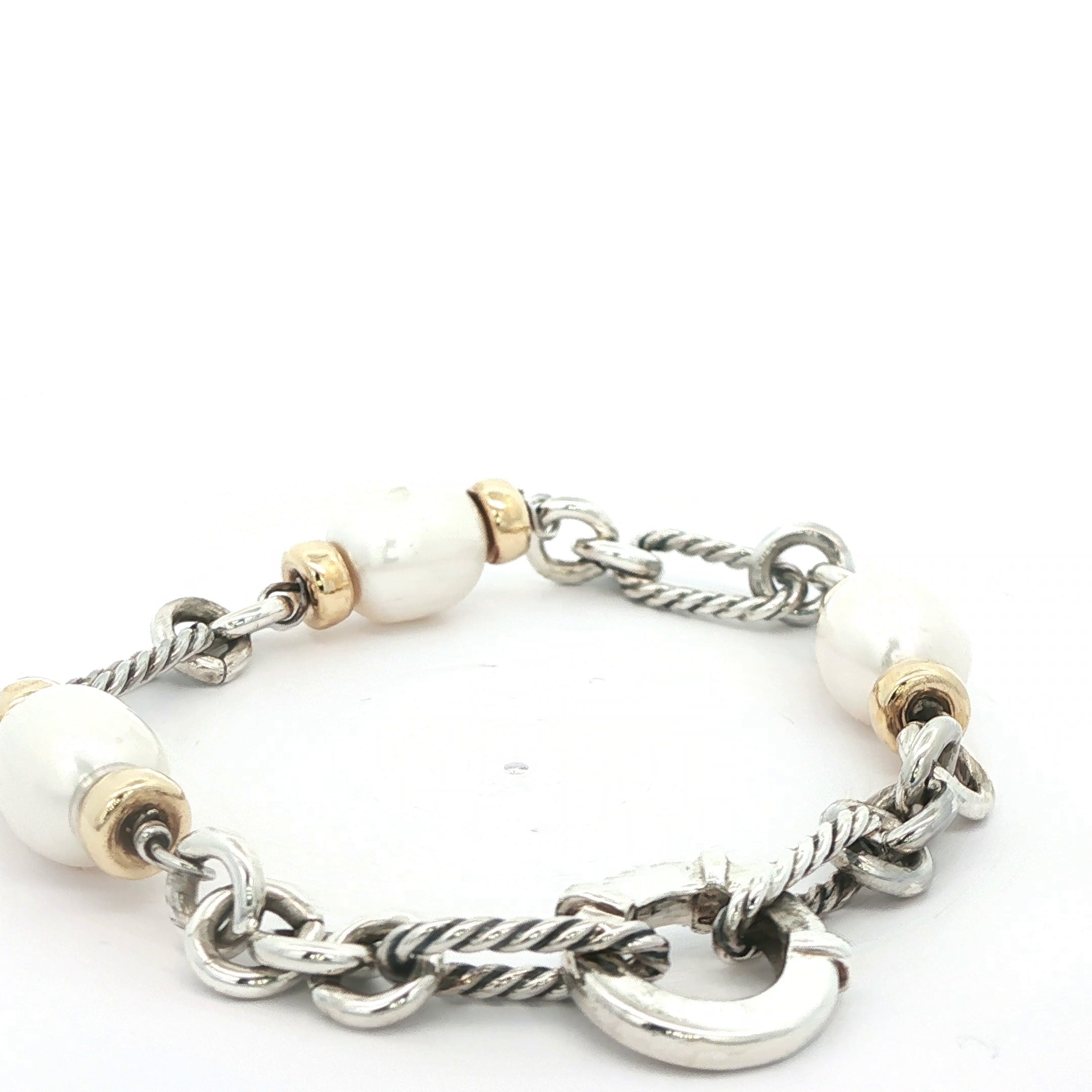 David Yurman Estate Pearl Cable Link Bracelet in Sterling Silver & 14K Gold, c. 1998