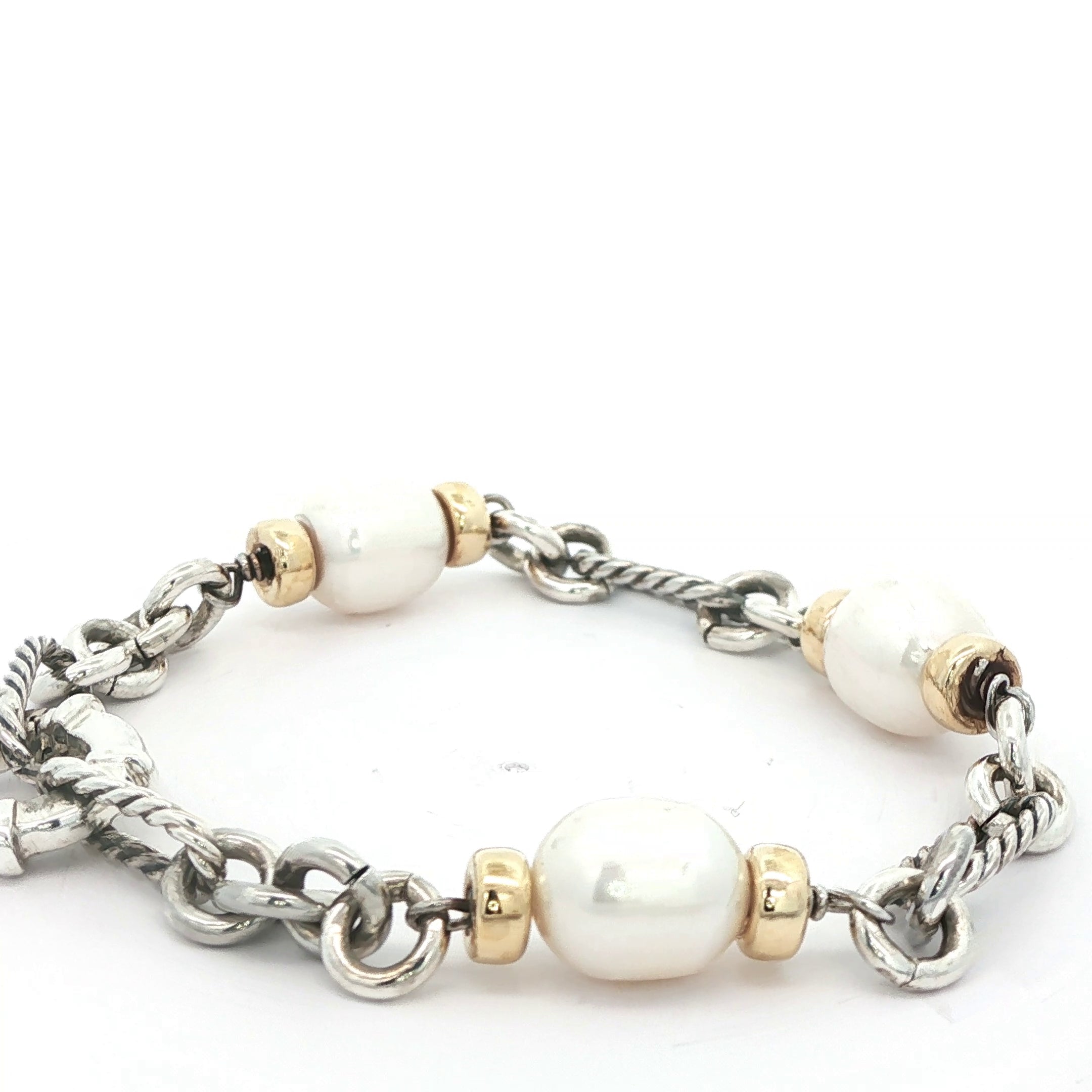 David Yurman Estate Pearl Cable Link Bracelet in Sterling Silver & 14K Gold, c. 1998