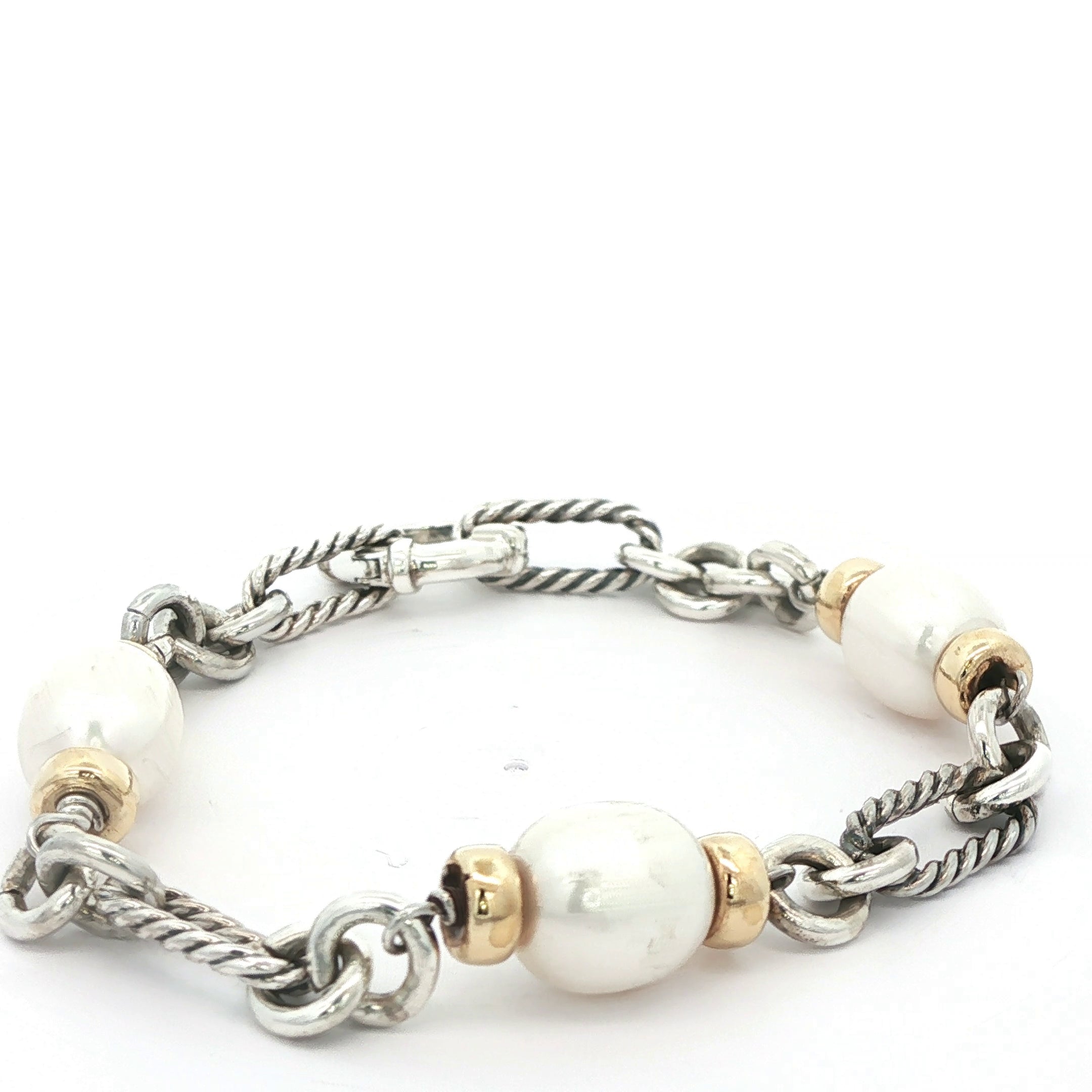 David Yurman Estate Pearl Cable Link Bracelet in Sterling Silver & 14K Gold, c. 1998