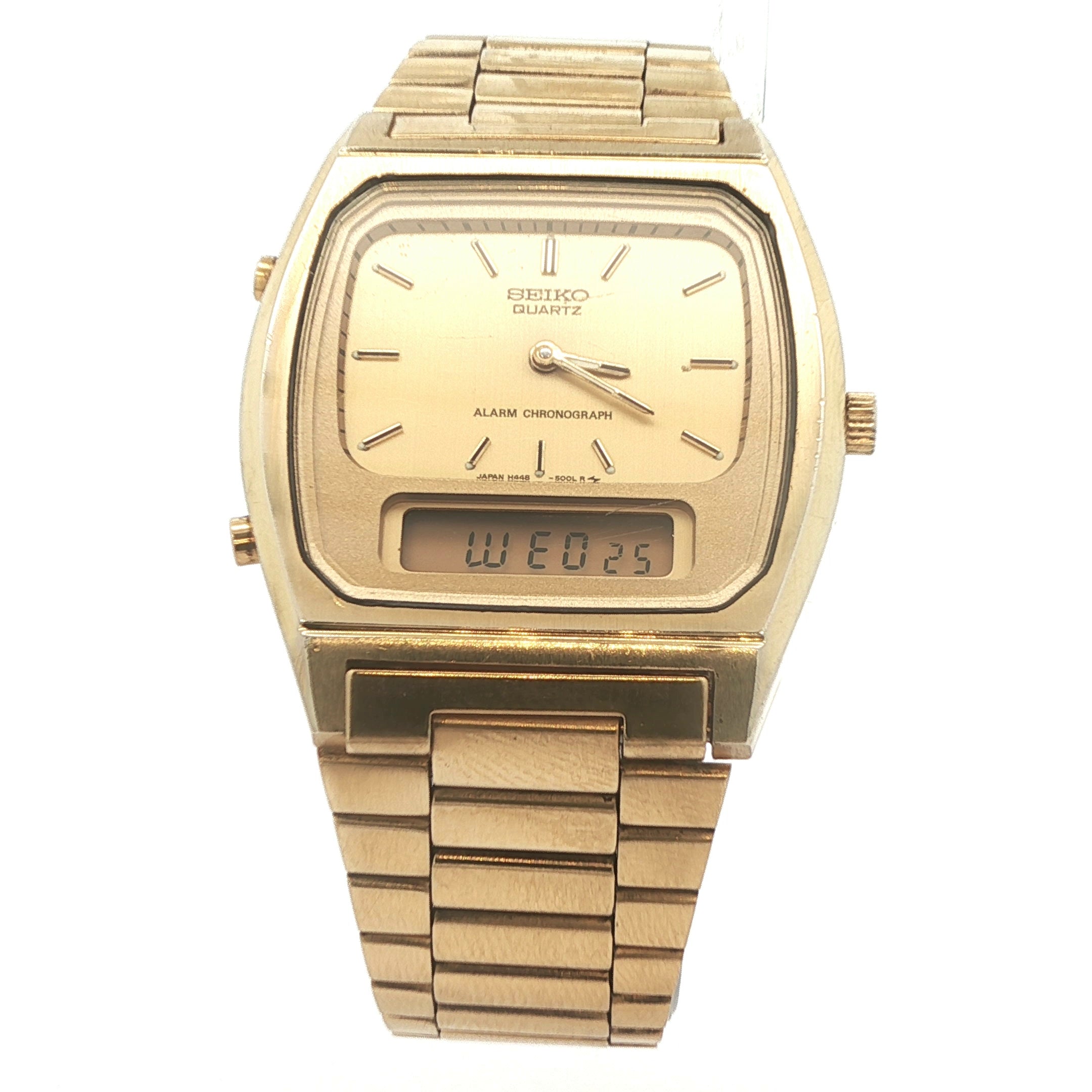Estate Seiko Quartz H448-5009 Analog Digital Alarm Chronograph | 1980s Gold Tone