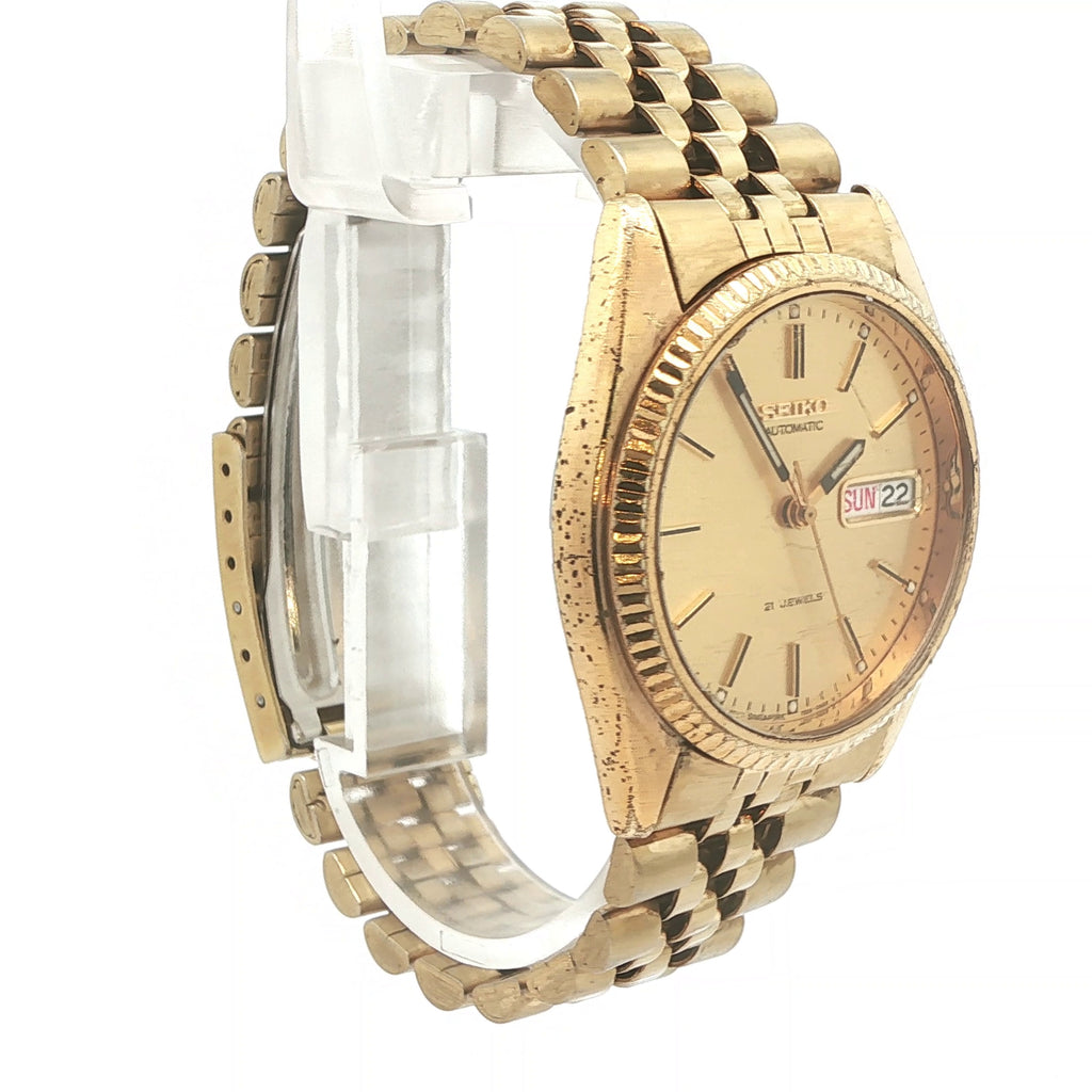 Vintage 1990s Seiko Automatic Day-Date Gold Tone Watch 21 Jewels Ref 7S26-3119 Jubilee Style Bracelet 26mm