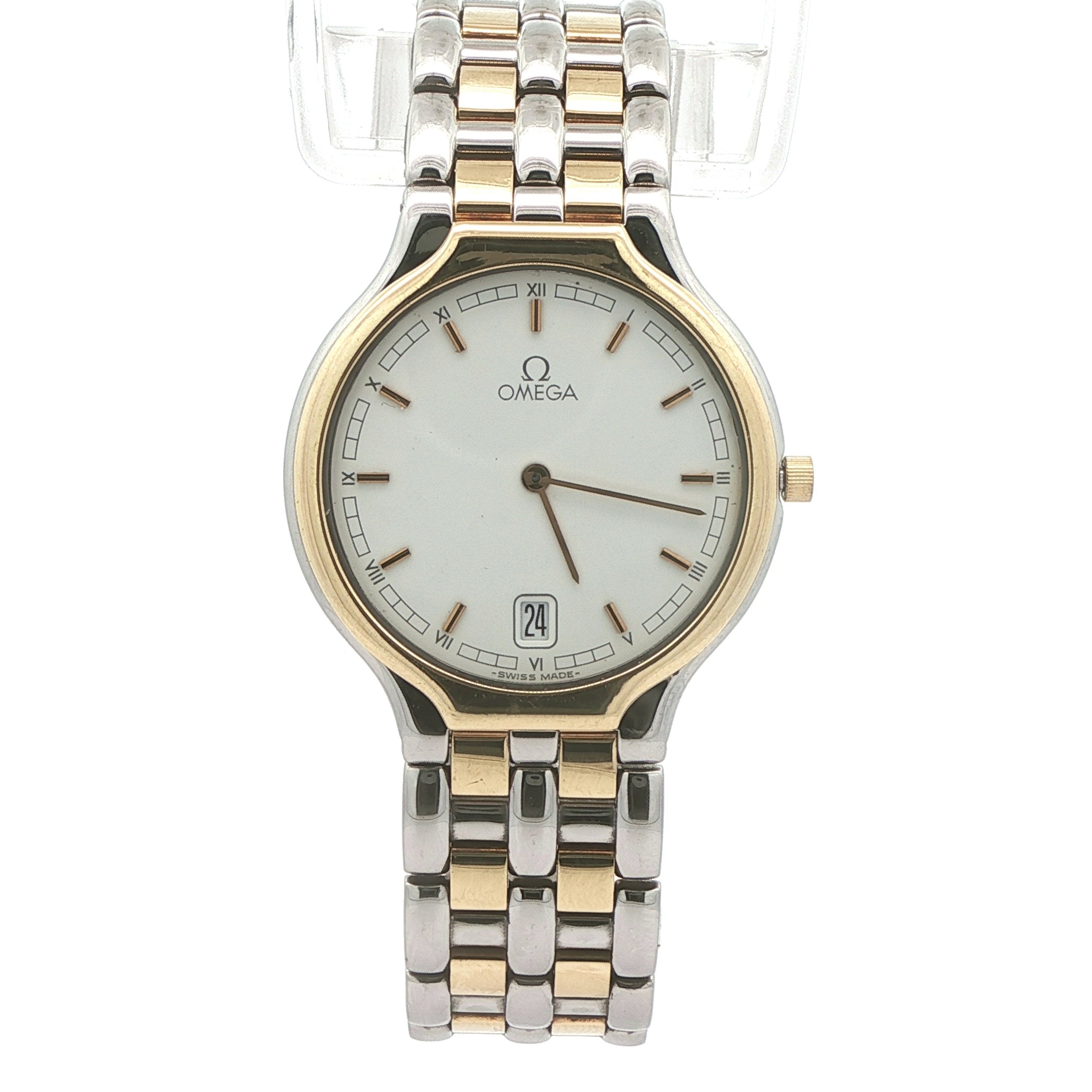 Estate Omega De Ville Quartz Two-Tone Watch Ref. 196.0316 Cal. 1436 White Roman Dial 18K Bezel Circa 1990–1992