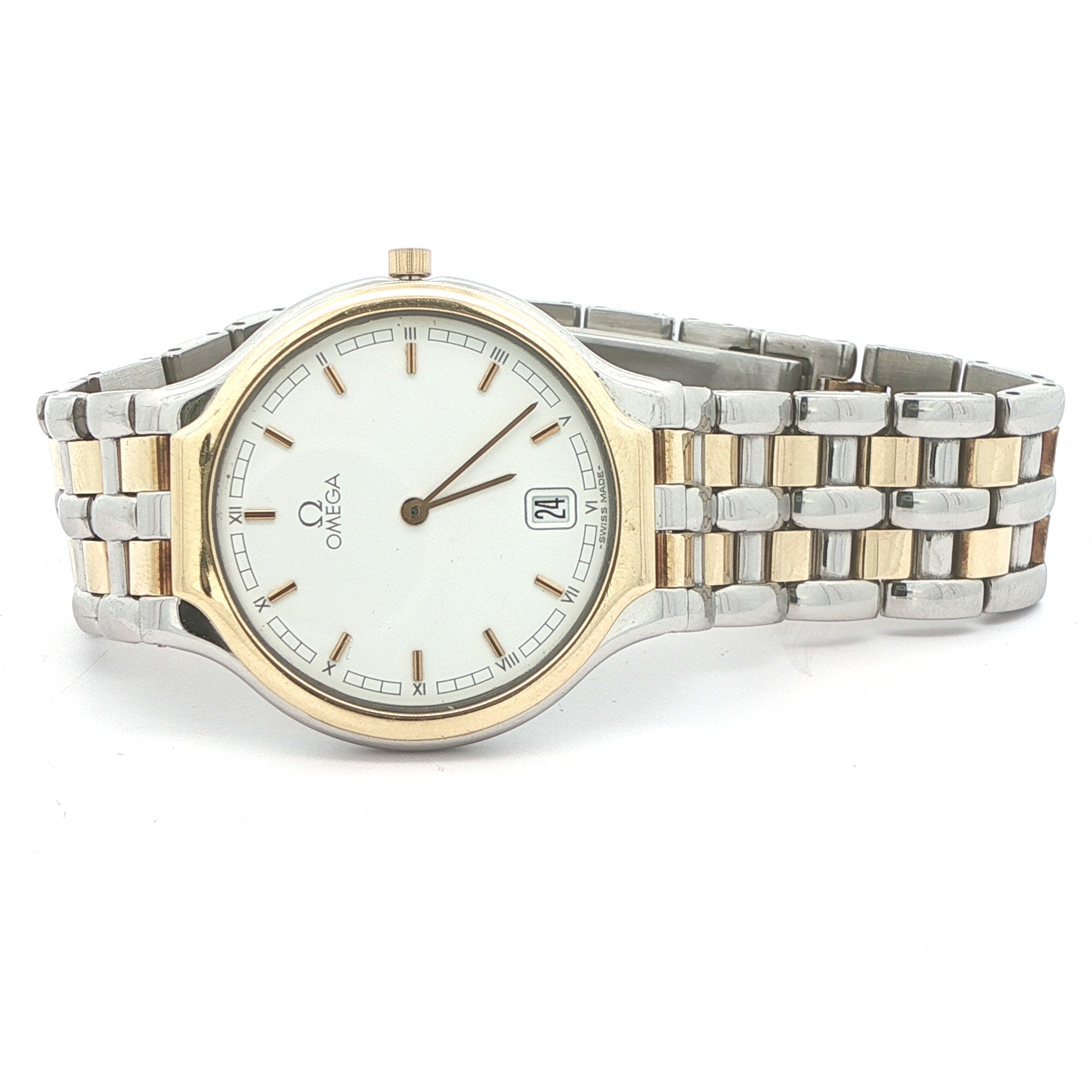 Estate Omega De Ville Quartz Two-Tone Watch Ref. 196.0316 Cal. 1436 White Roman Dial 18K Bezel Circa 1990–1992