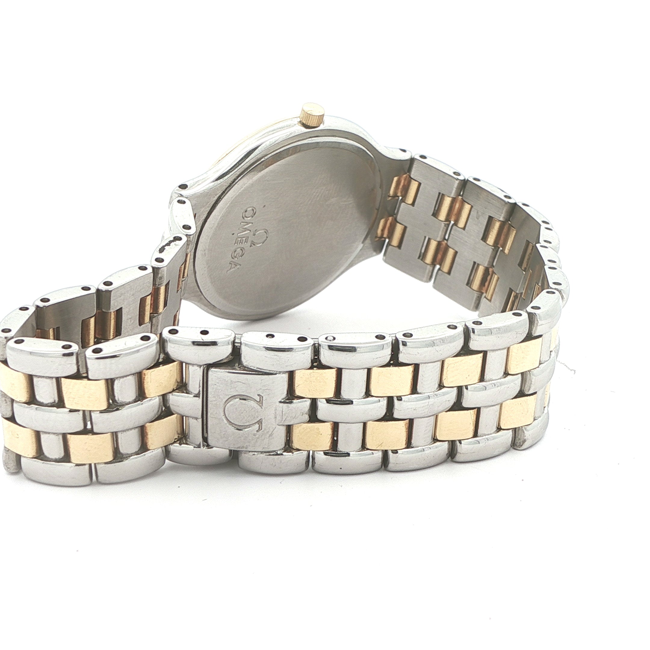 Estate Omega De Ville Quartz Two-Tone Watch Ref. 196.0316 Cal. 1436 White Roman Dial 18K Bezel Circa 1990–1992