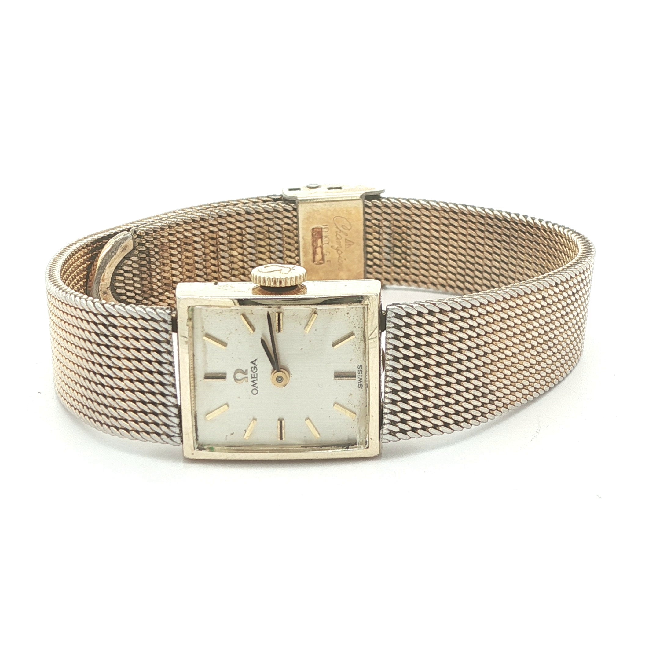 Estate 1960s Vintage Omega Ladies 14K Gold Filled Square Mesh Bracelet Watch