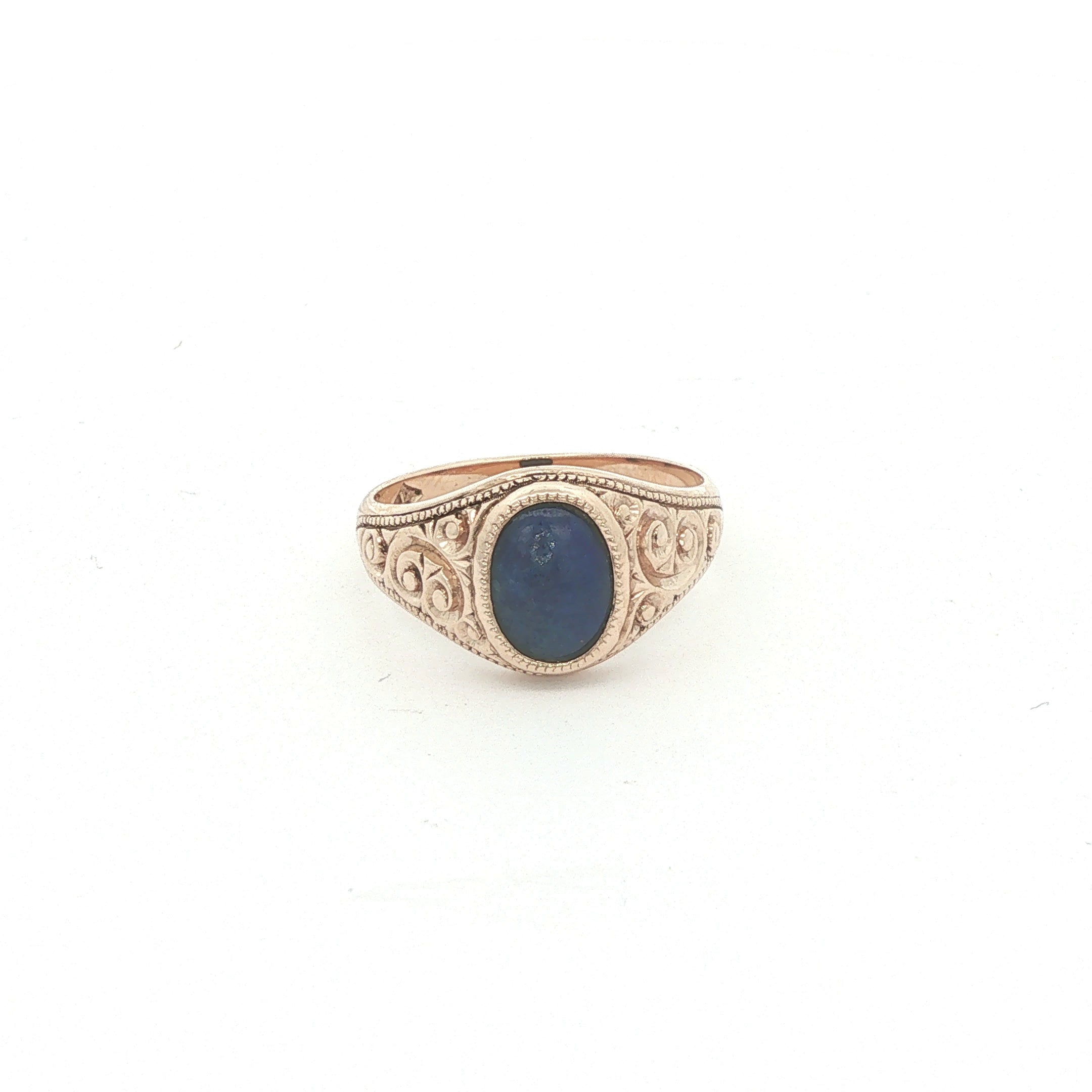 Vintage Estate Natural Lapis Lazuli 10K Yellow Gold Scrollwork Ring