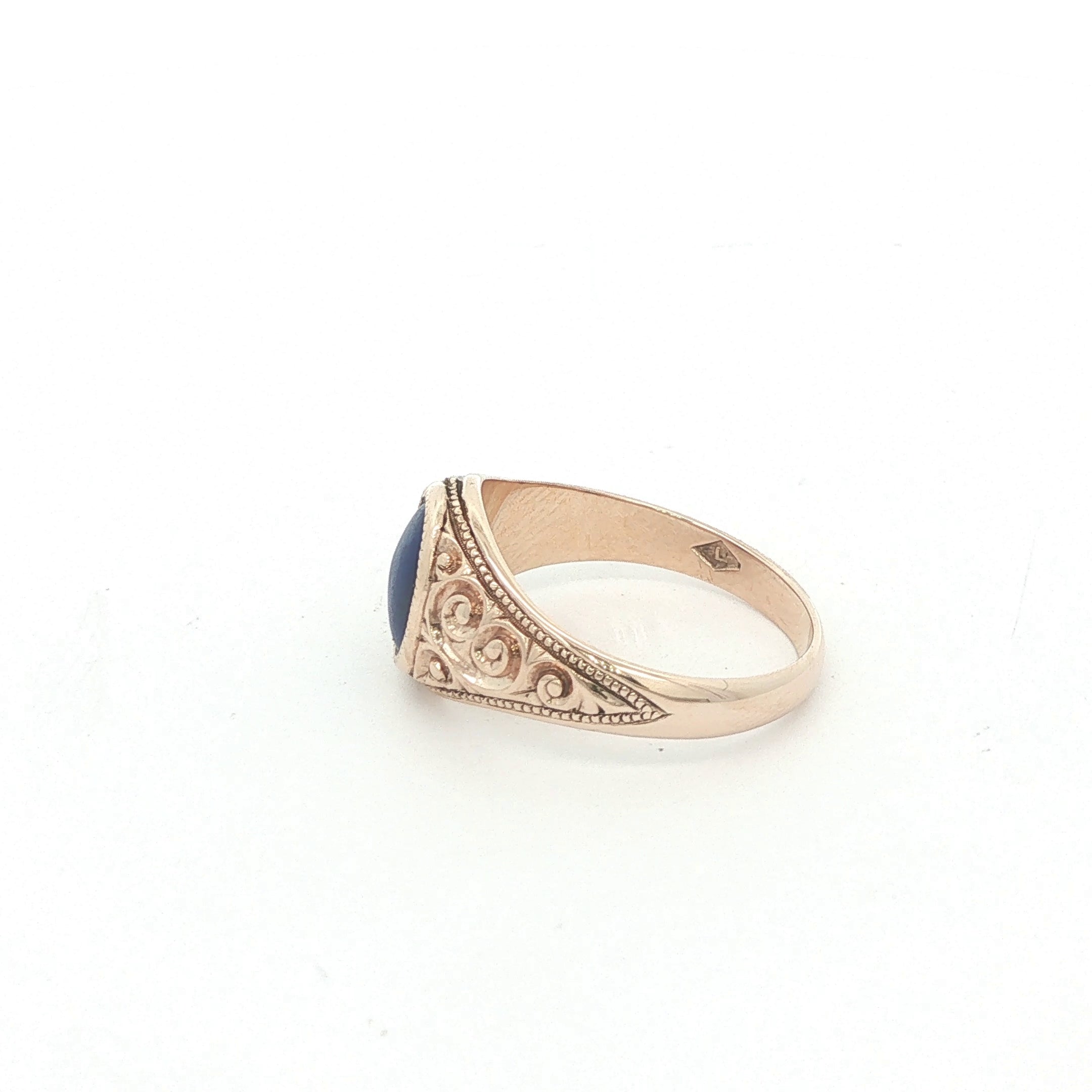 Vintage Estate Natural Lapis Lazuli 10K Yellow Gold Scrollwork Ring
