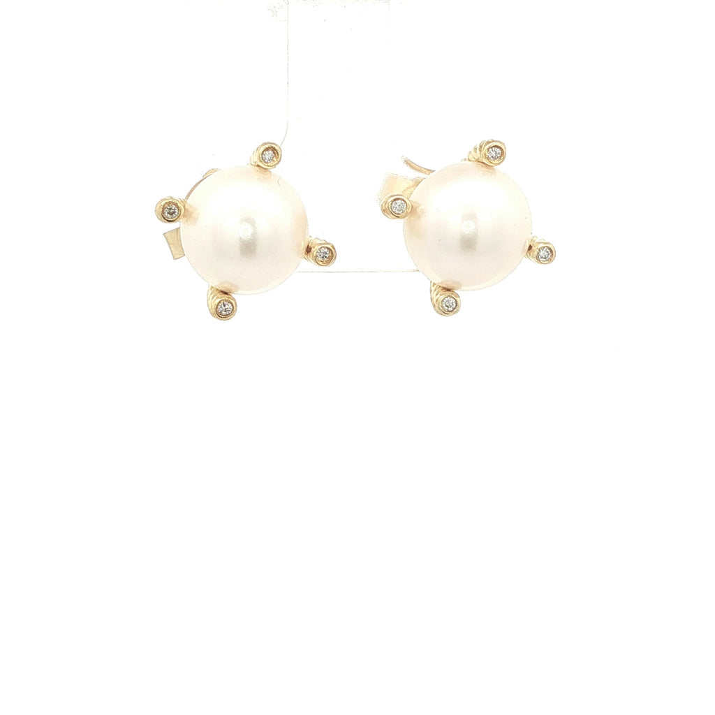 ESTATE David Yurman 18K Yellow Gold Pearl and Diamond Crossover Stud Earrings