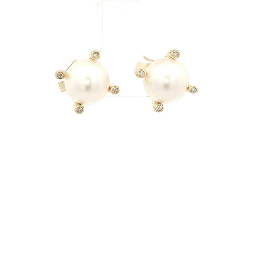 ESTATE David Yurman 18K Yellow Gold Pearl and Diamond Crossover Stud Earrings