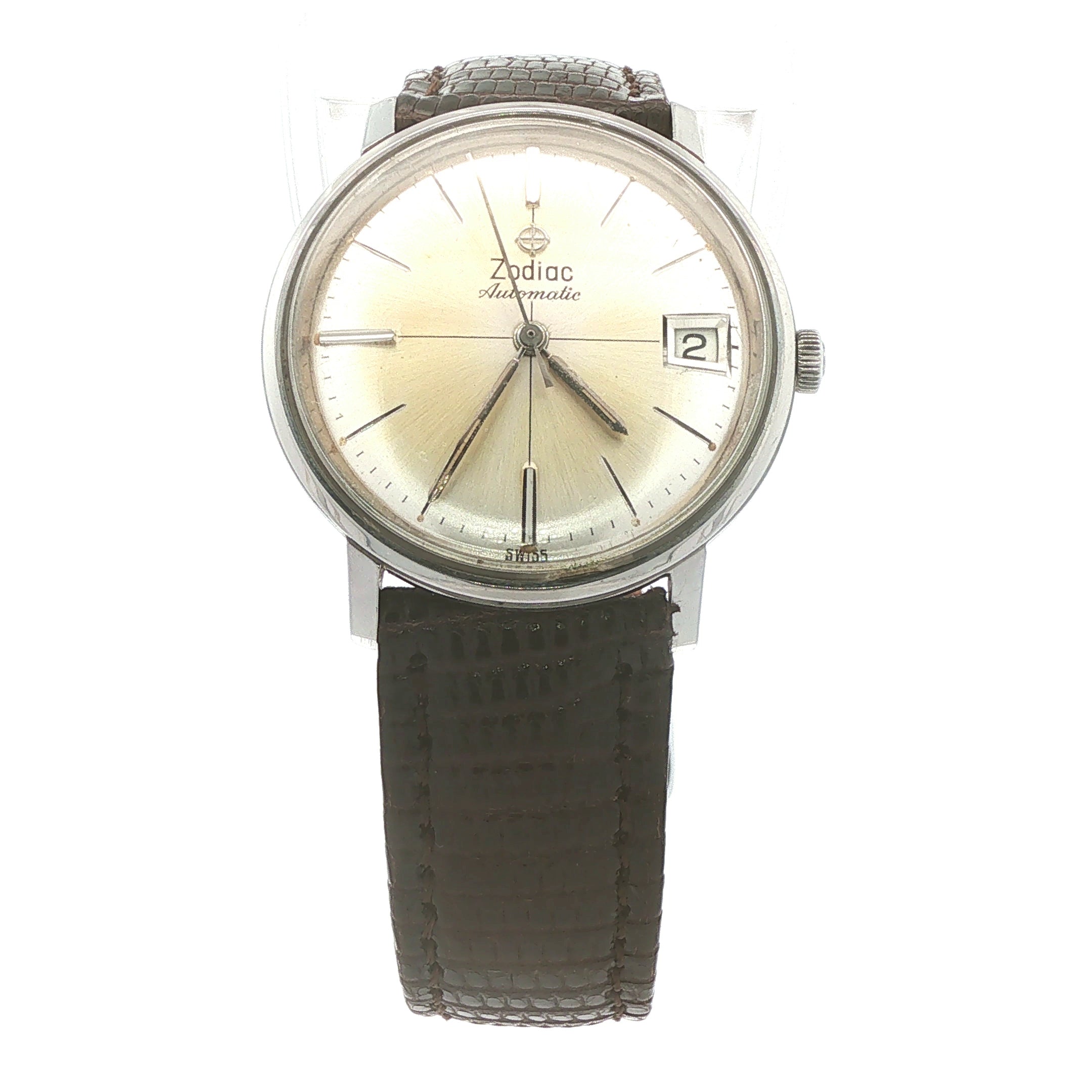 Estate 1960s–1970s Vintage Zodiac Automatic Date Stainless Steel Champagne Dial Dress Watch