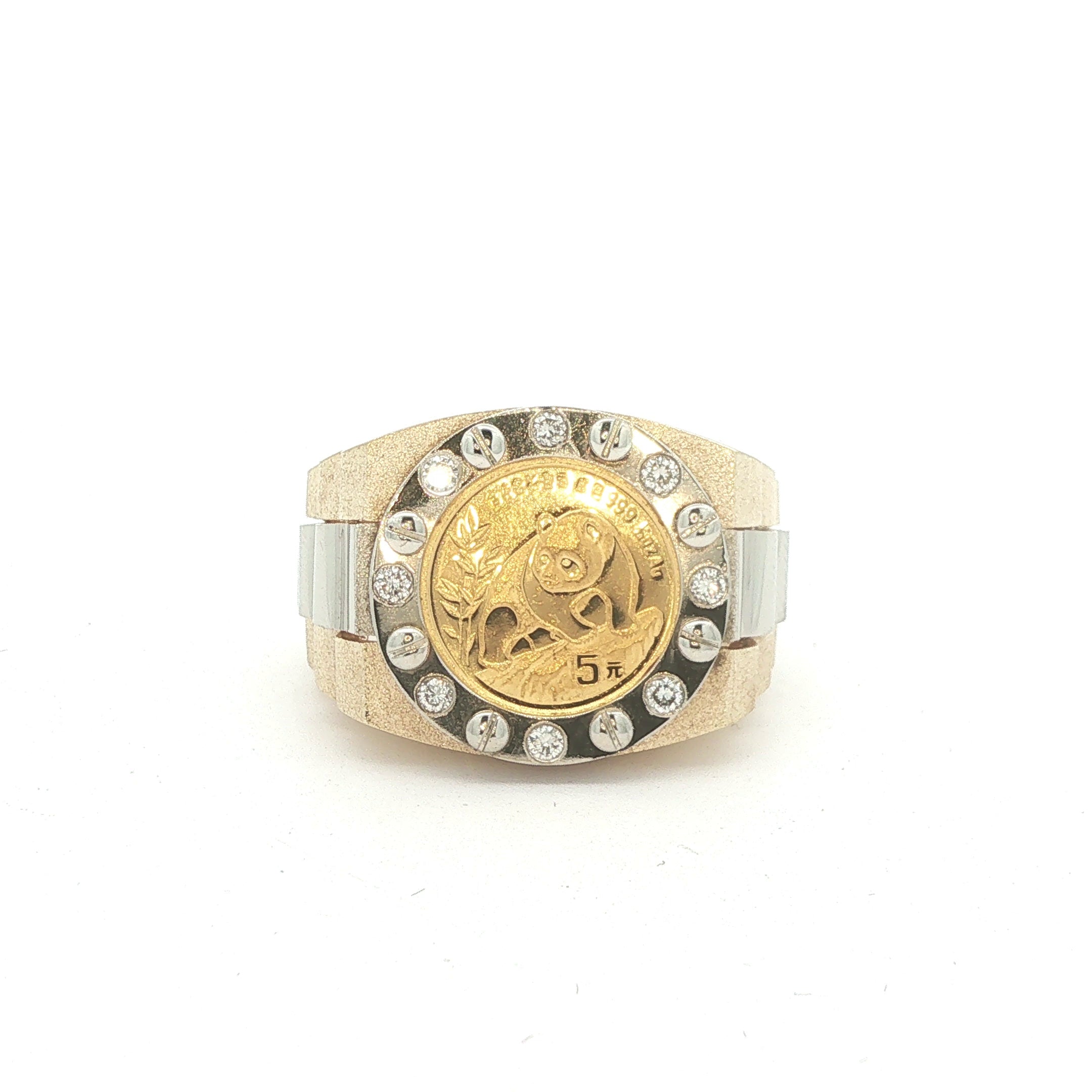 Estate 14K Yellow Gold Chinese Panda Coin Ring with Approx 1/2 CTW Diamonds Size 12