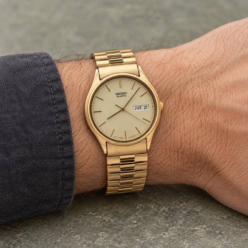Vintage Estate Seiko Men’s Gold-Tone Quartz Day-Date Watch – 32mm – Expansion Band – Box & Papers