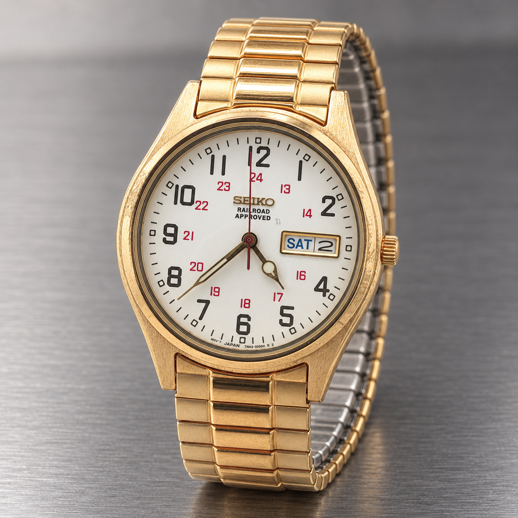 Vintage 1990s–2000s Seiko Railroad Approved Men’s 35mm Gold-Tone Day-Date Watch