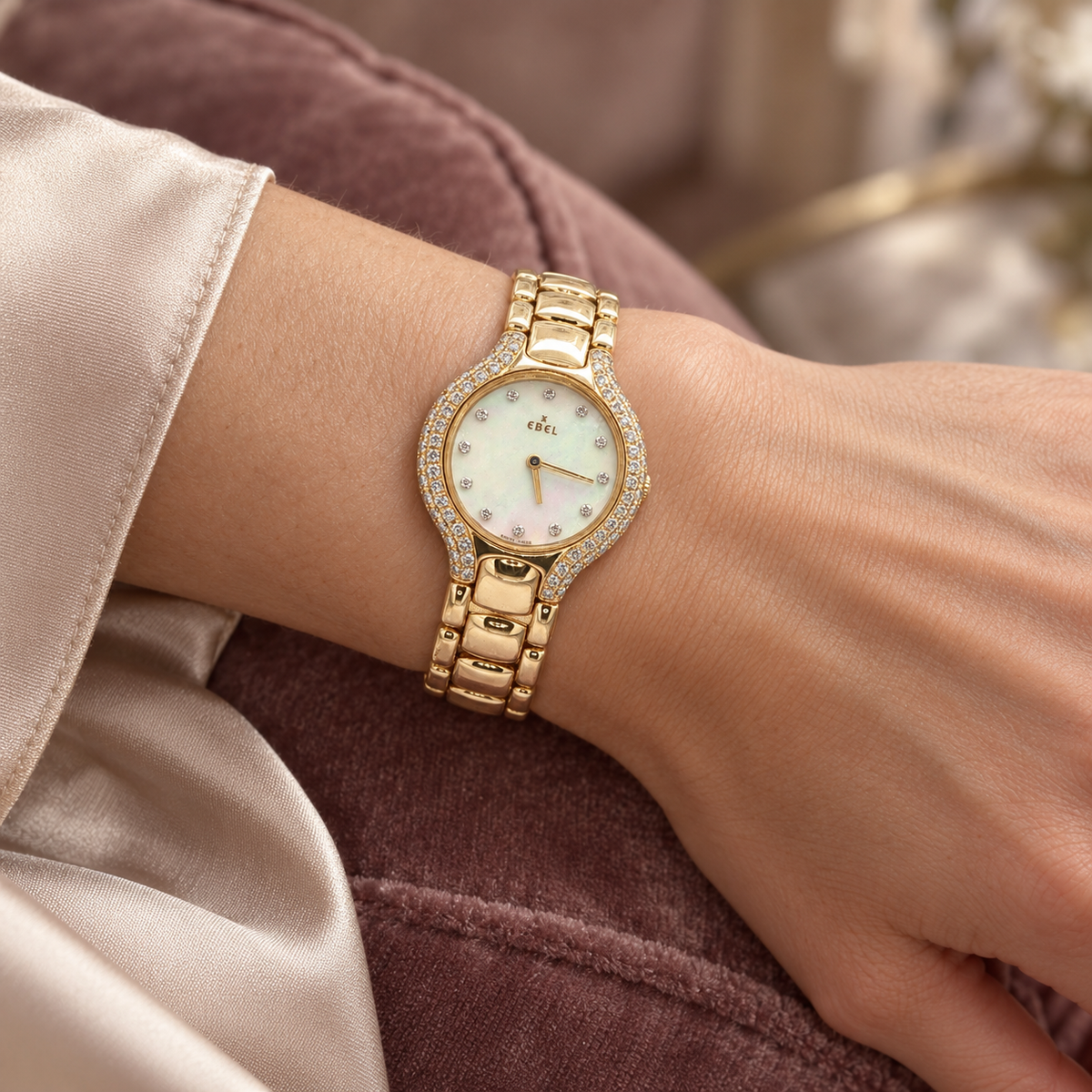 Vintage 1990s Ebel Beluga 18K Yellow Gold Diamond Mother-of-Pearl 24mm Estate Watch