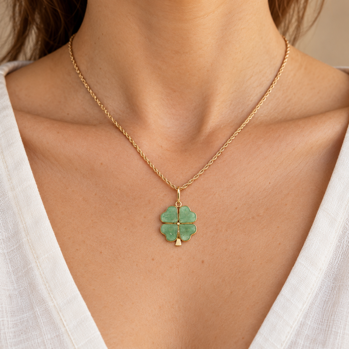 Vintage Estate 1990s 14K Yellow Gold Natural Jade Four-Leaf Clover Pendant