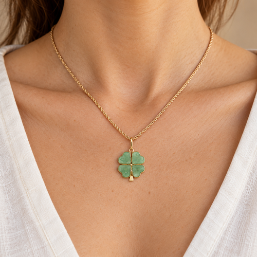 Vintage Estate 1990s 14K Yellow Gold Natural Jade Four-Leaf Clover Pendant