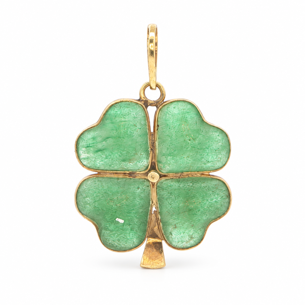 Vintage Estate 1990s 14K Yellow Gold Natural Jade Four-Leaf Clover Pendant