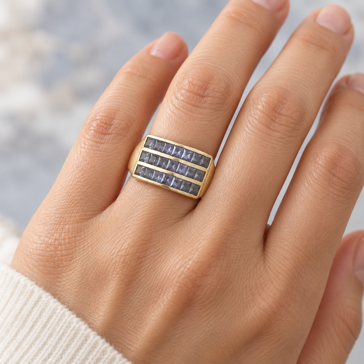Estate 10K Yellow Gold Natural Tanzanite Three-Row Ring – SZ 7
