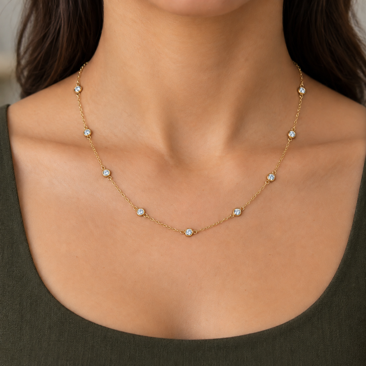 Yellow Gold-Plated Silver 2.00 CTW Lab-Grown Diamond Station Necklace – Adjustable 18–20 Inches