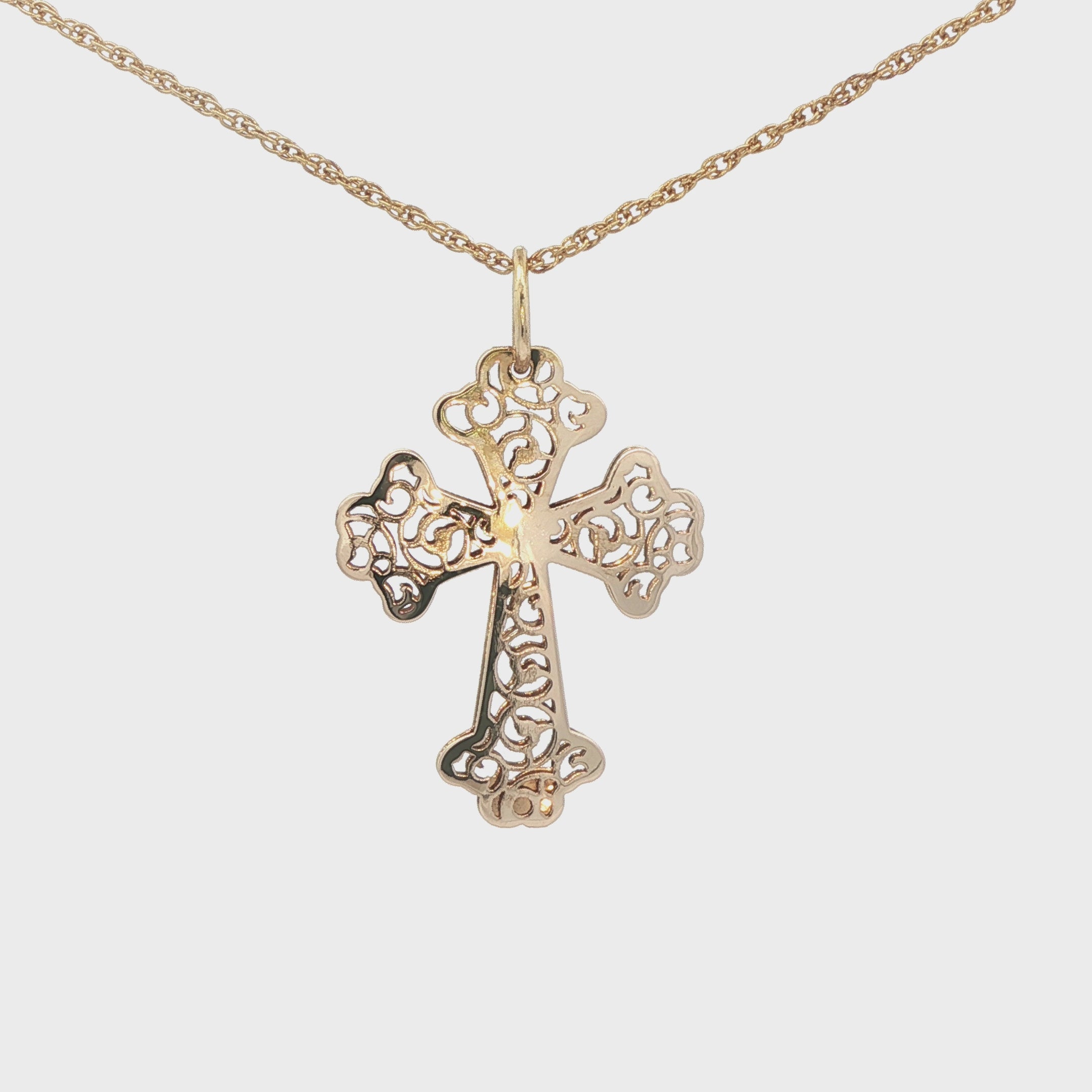 Estate 14K Yellow Gold Openwork Cross Pendant Filigree Floral Design