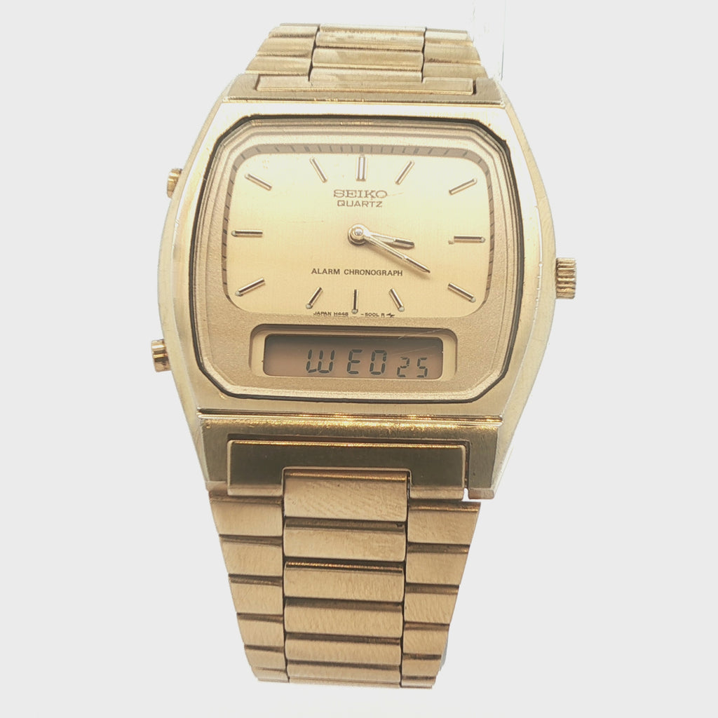 Estate Seiko Quartz H448-5009 Analog Digital Alarm Chronograph | 1980s Gold Tone