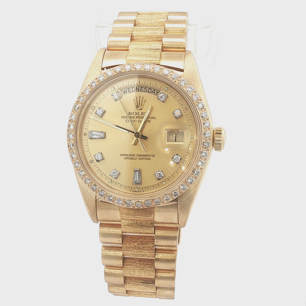 1970s Estate Rolex Day-Date President Ref. 1803 18K Yellow Gold Natural Diamond Bezel Diamond Dial Watch