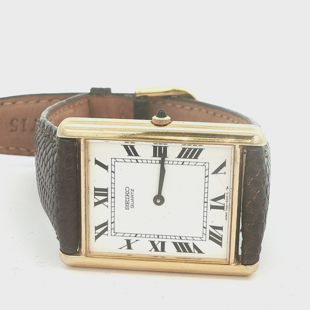 Estate 1990 Seiko Quartz Tank Style Watch Roman Numeral Dial Gold Tone Case