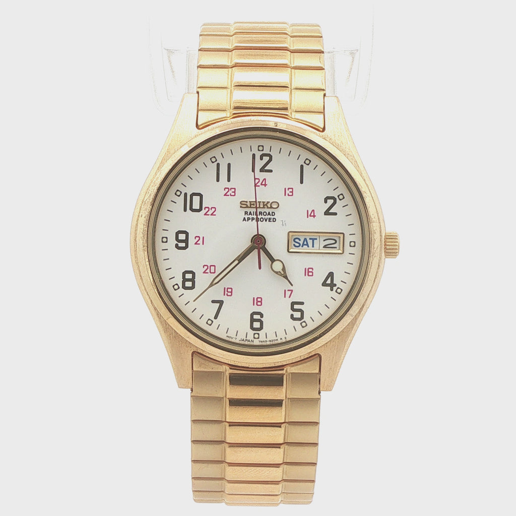 Vintage 1990s–2000s Seiko Railroad Approved Men’s 35mm Gold-Tone Day-Date Watch