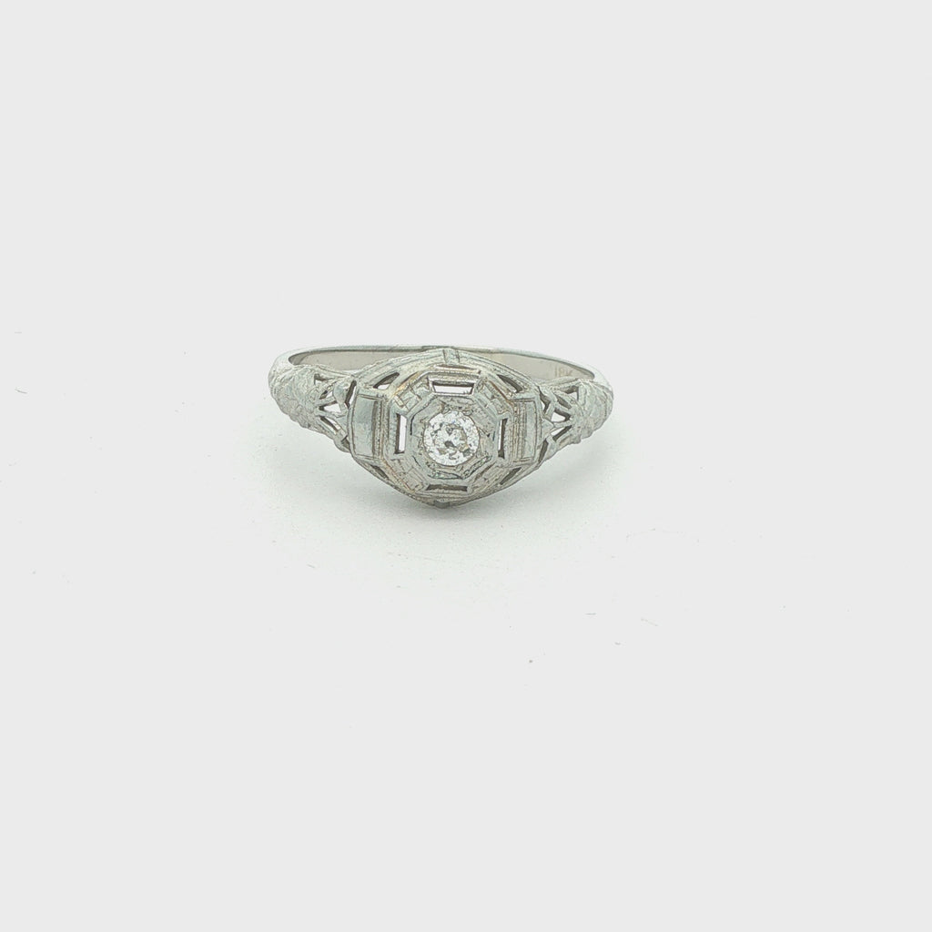 Estate Vintage Circa 1925 18K White Gold Old Mine Cut Diamond Filigree Ring 0.10 CTW Size 7