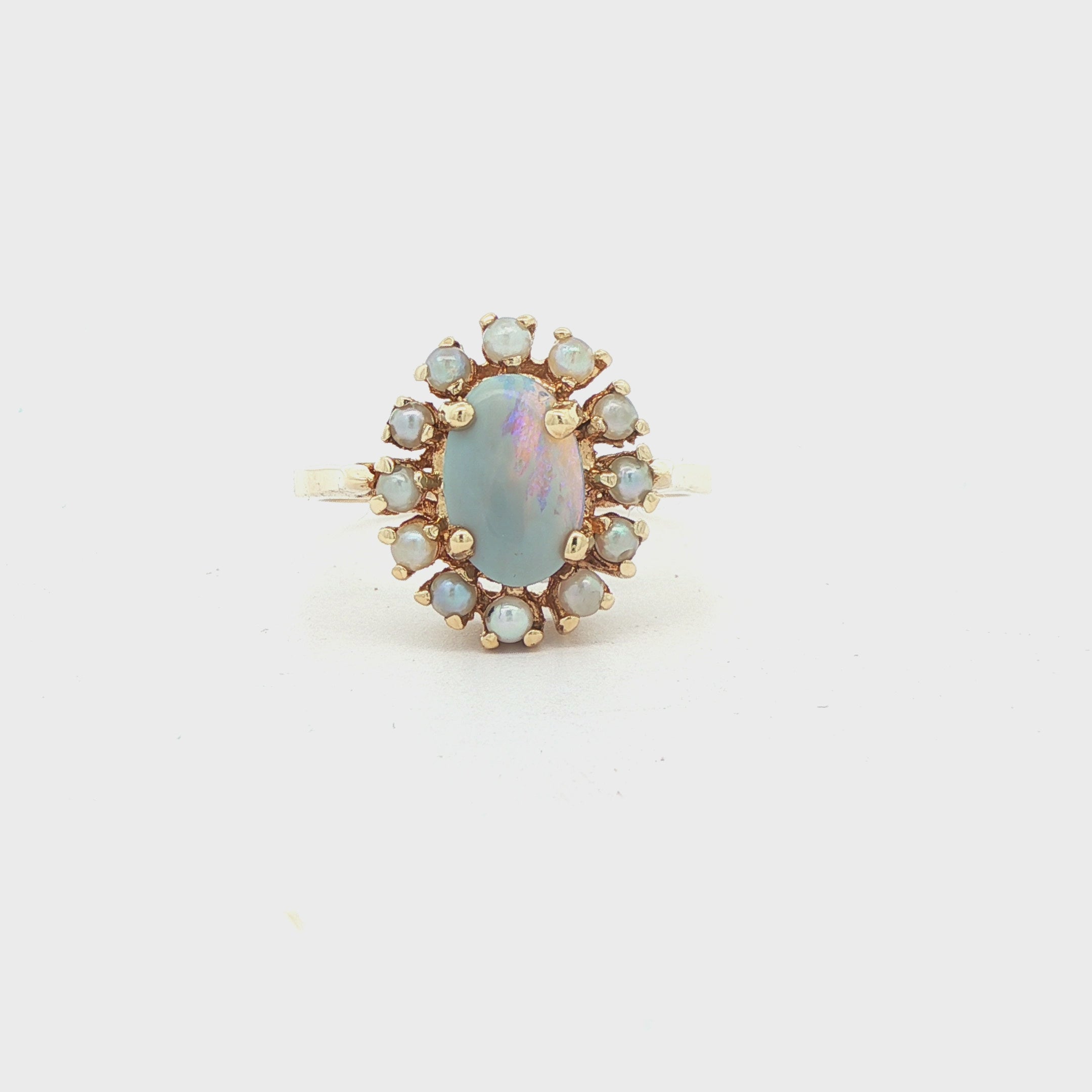 14K Yellow Gold Oval Opal and Pearl Halo