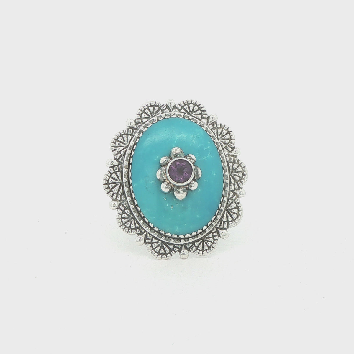 Estate Turquoise & Amethyst Sterling Silver Statement Ring – Size 6