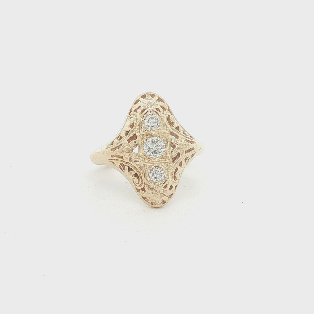 Estate 1920s Art Deco Style 14K Yellow Gold Filigree Natural Round Diamond Ring Size 6