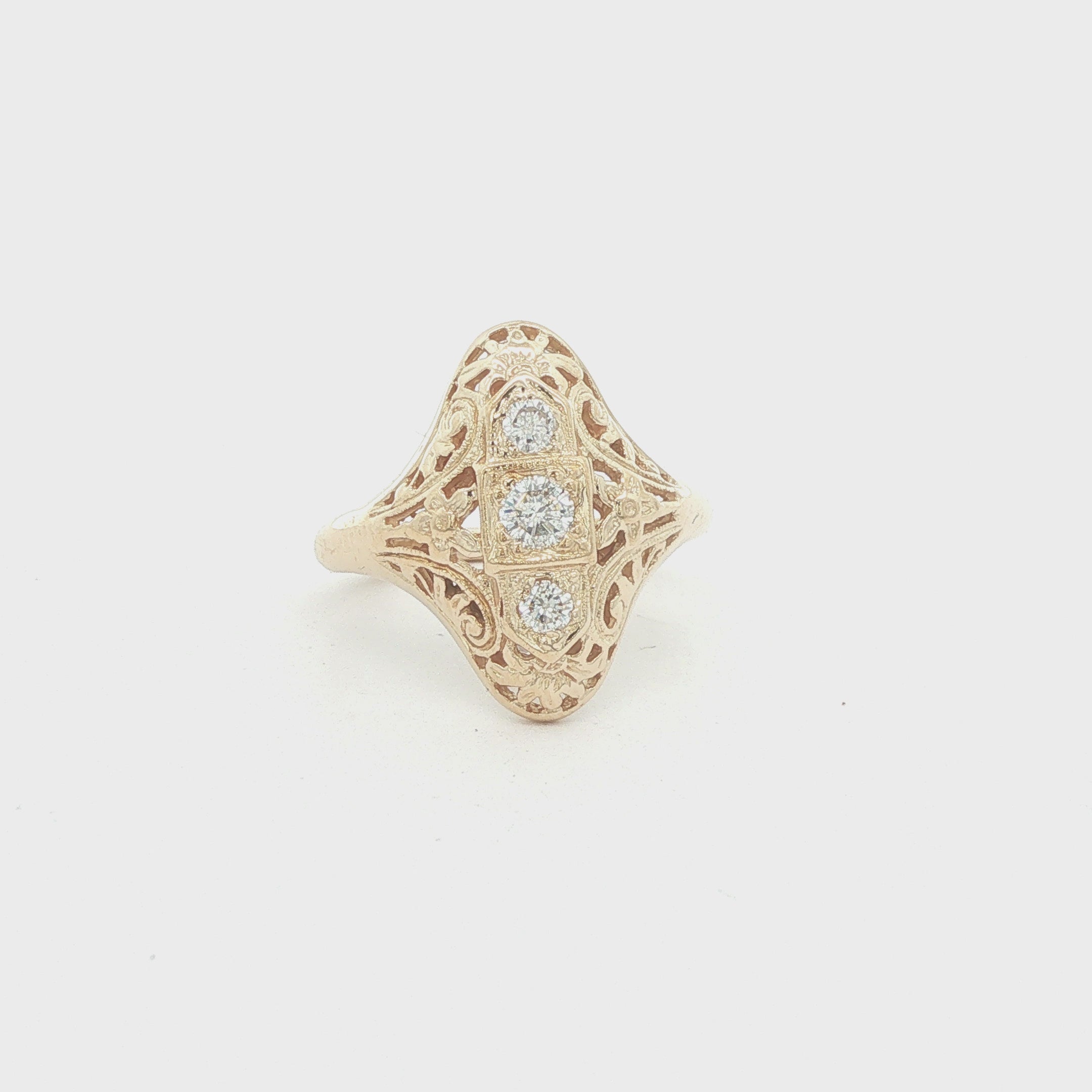 Estate 1920s Art Deco Style 14K Yellow Gold Filigree Natural Round Diamond Ring Size 6
