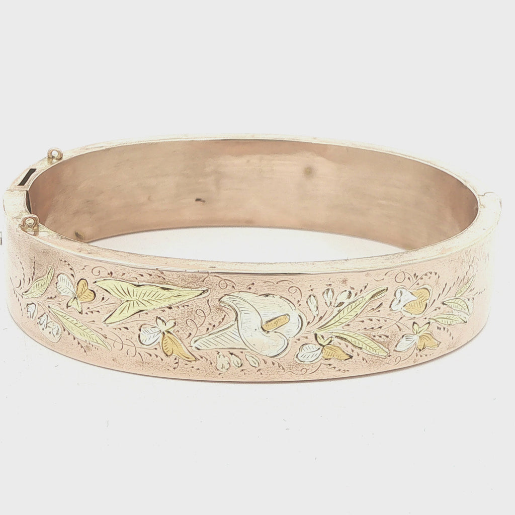 Circa Early 1900s Vintage Estate 14K Gold Hollow Engraved Floral Hinged Bangle Bracelet