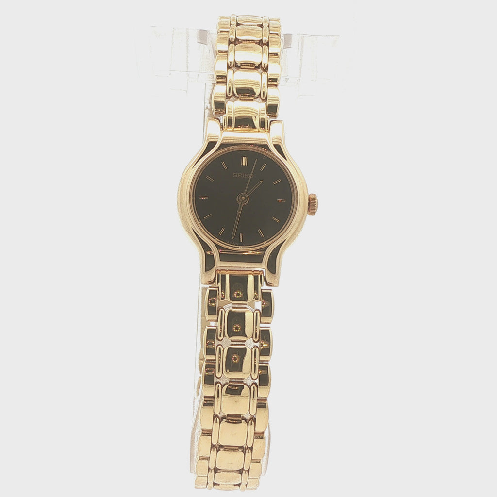 Estate Vintage Seiko Ladies’ 22mm Gold-Tone Black Dial Watch — Circa 1990s–2000s