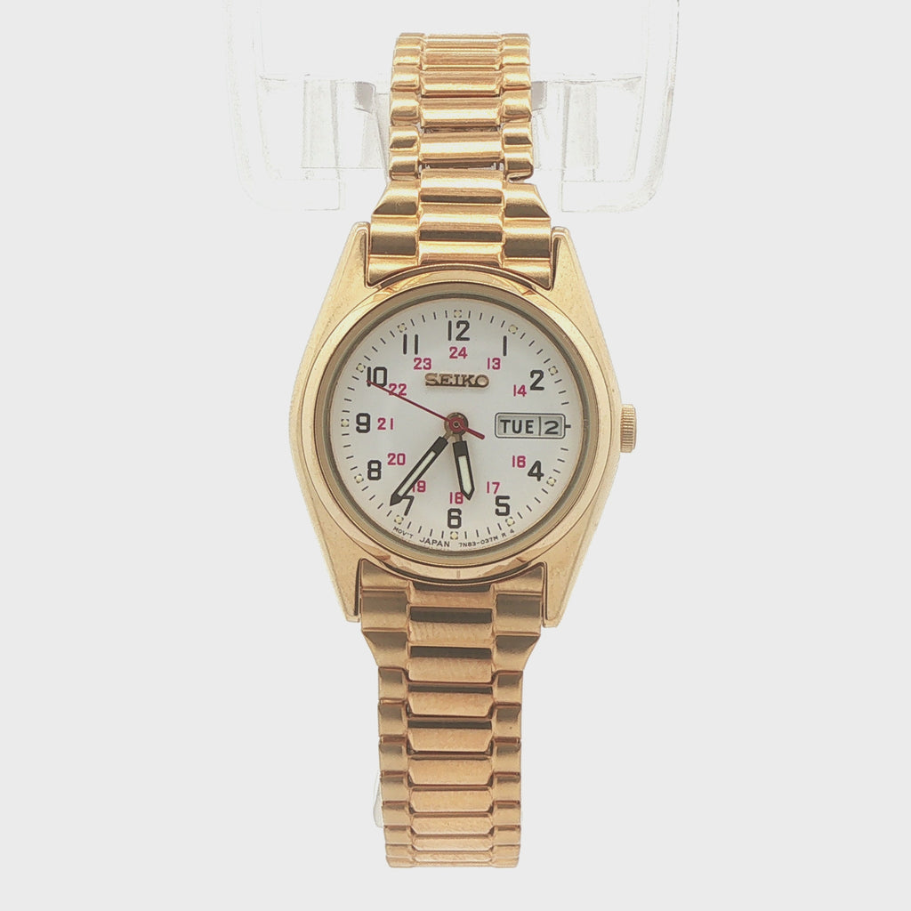 Estate Vintage Seiko Ladies’ Gold-Tone Day-Date Watch with Stretch Bracelet — Circa 1990s–2000s