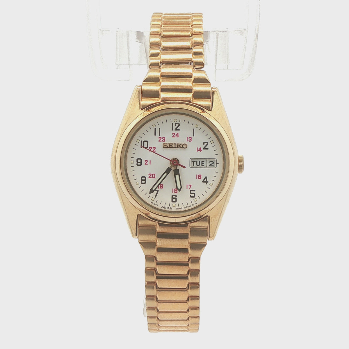 Estate Vintage Seiko Ladies’ Gold-Tone Day-Date Watch with Stretch Bracelet — Circa 1990s–2000s