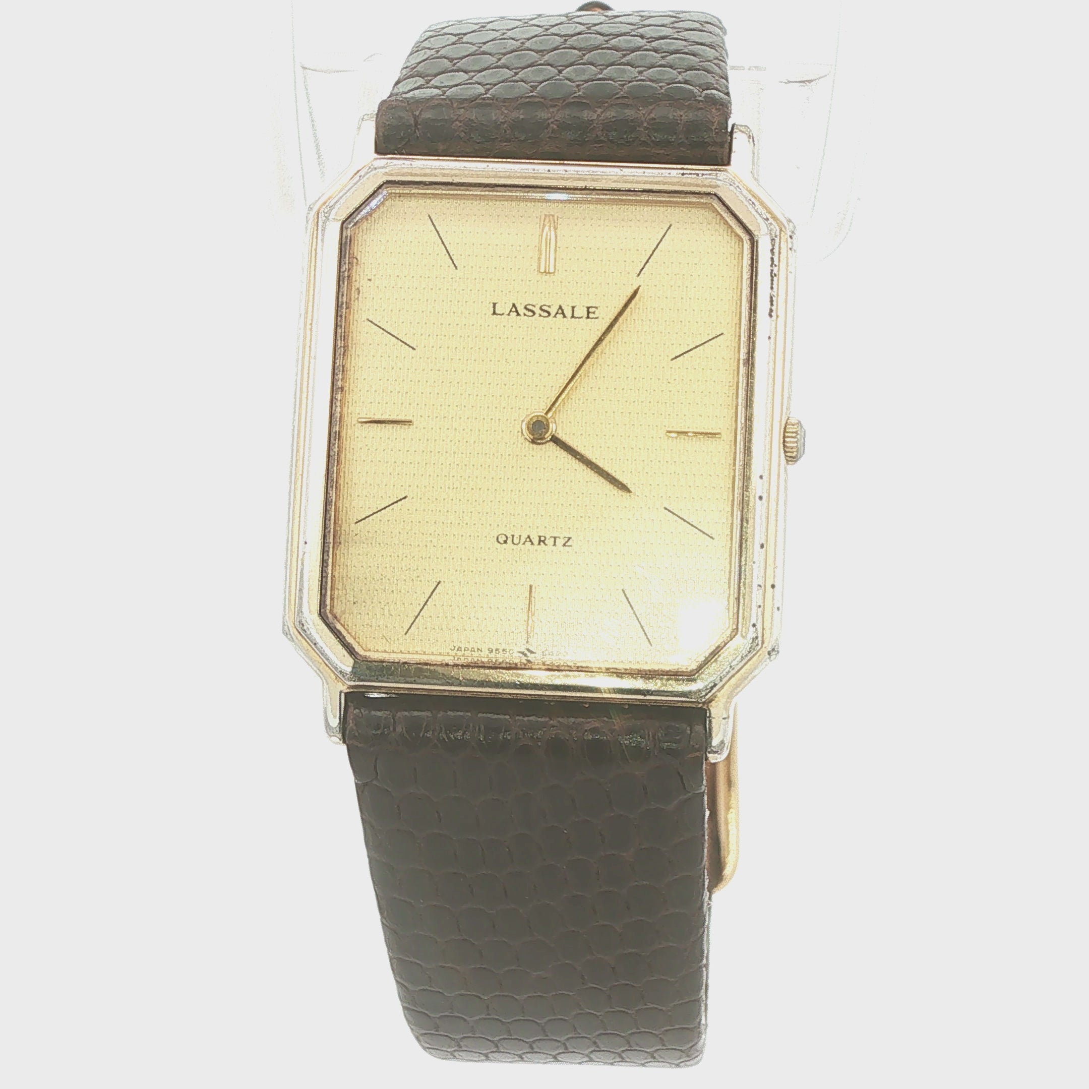 Estate Vintage 1980s Lassale Quartz Rectangular Dress Watch Gold Tone Champagne Dial