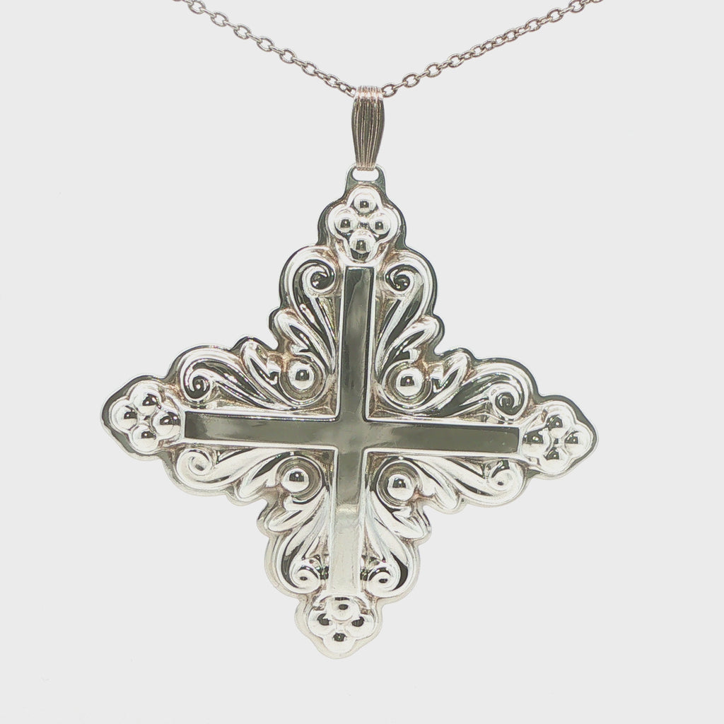 1983 Estate Reed & Barton Sterling Silver Christmas Cross Pendant 68mm Ornate Holiday Cross