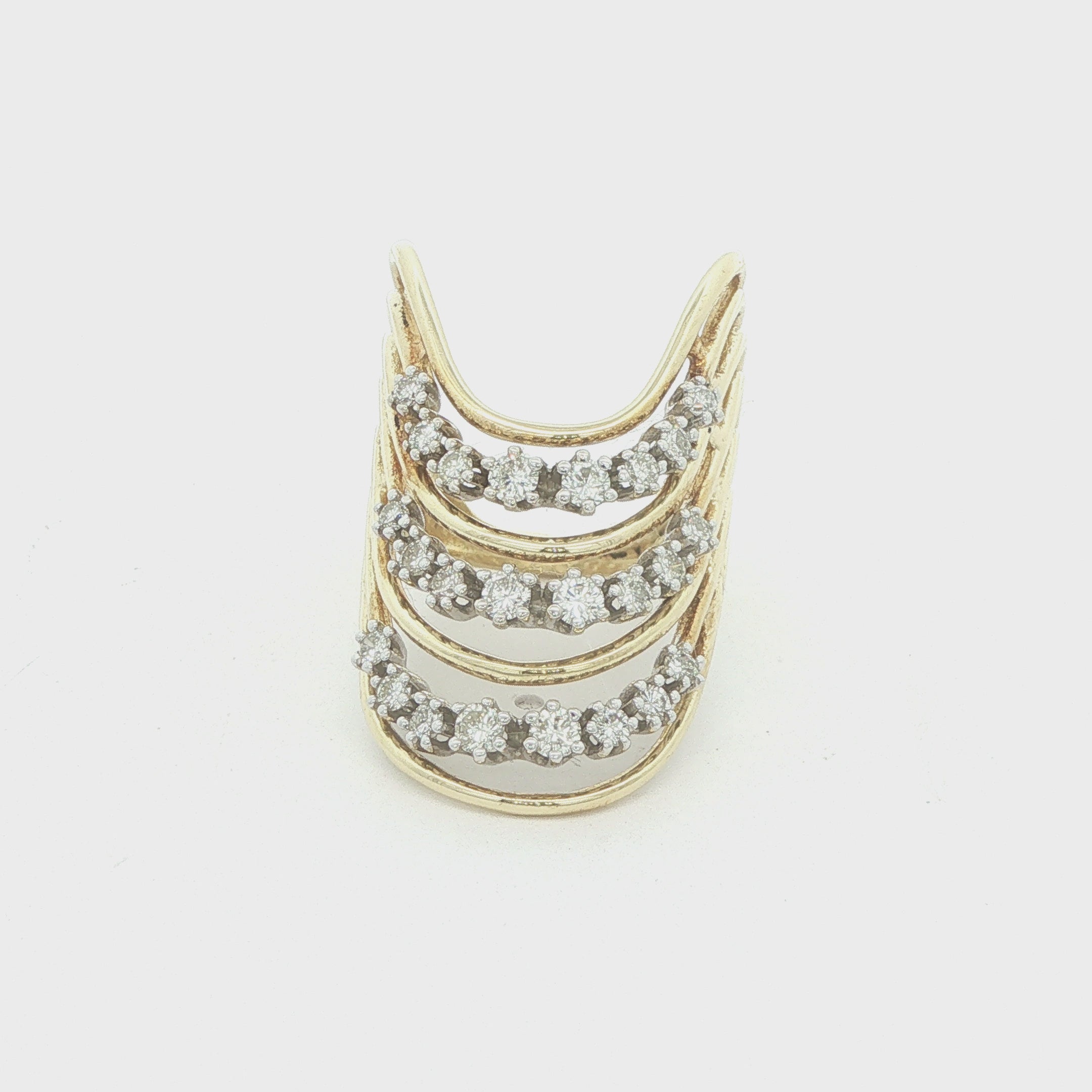 Estate Vintage 1980s–1990s 18K Yellow Gold Natural Diamond Multi-Row Openwork Ring Size 9