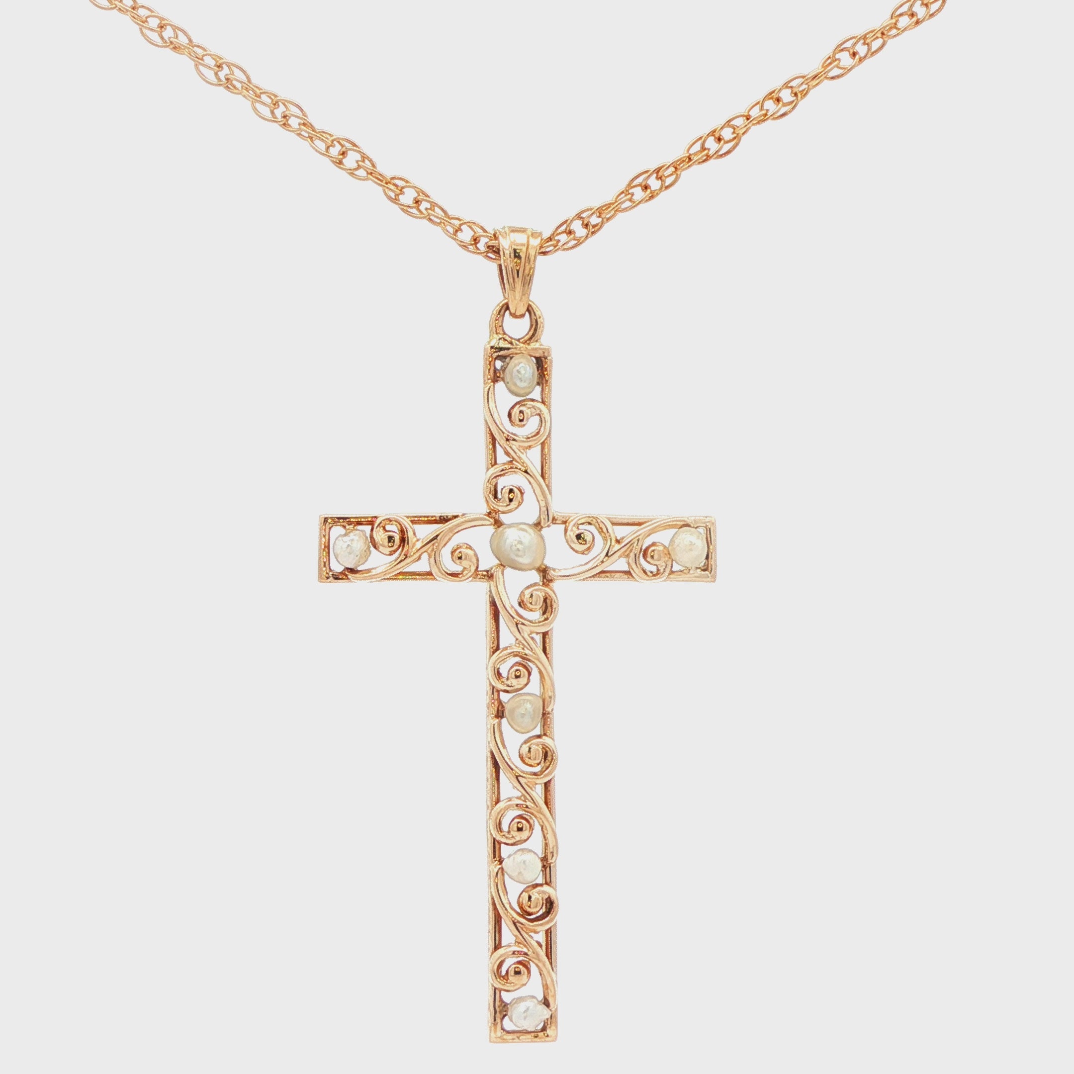 10K Yellow Gold Intricate Vintage and Pearl Cross