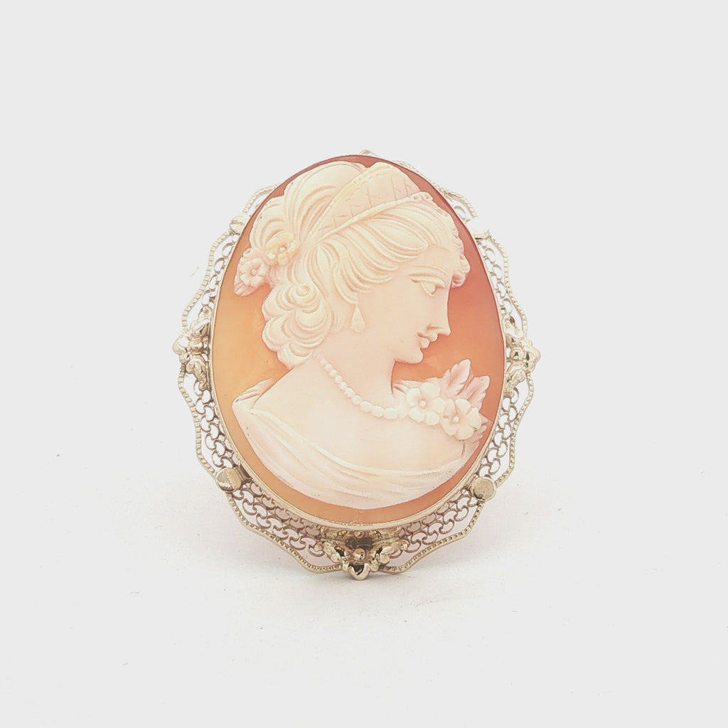 Vintage Circa 1950s Estate 14K Yellow Gold Carved Shell Cameo Brooch Pendant – 44mm