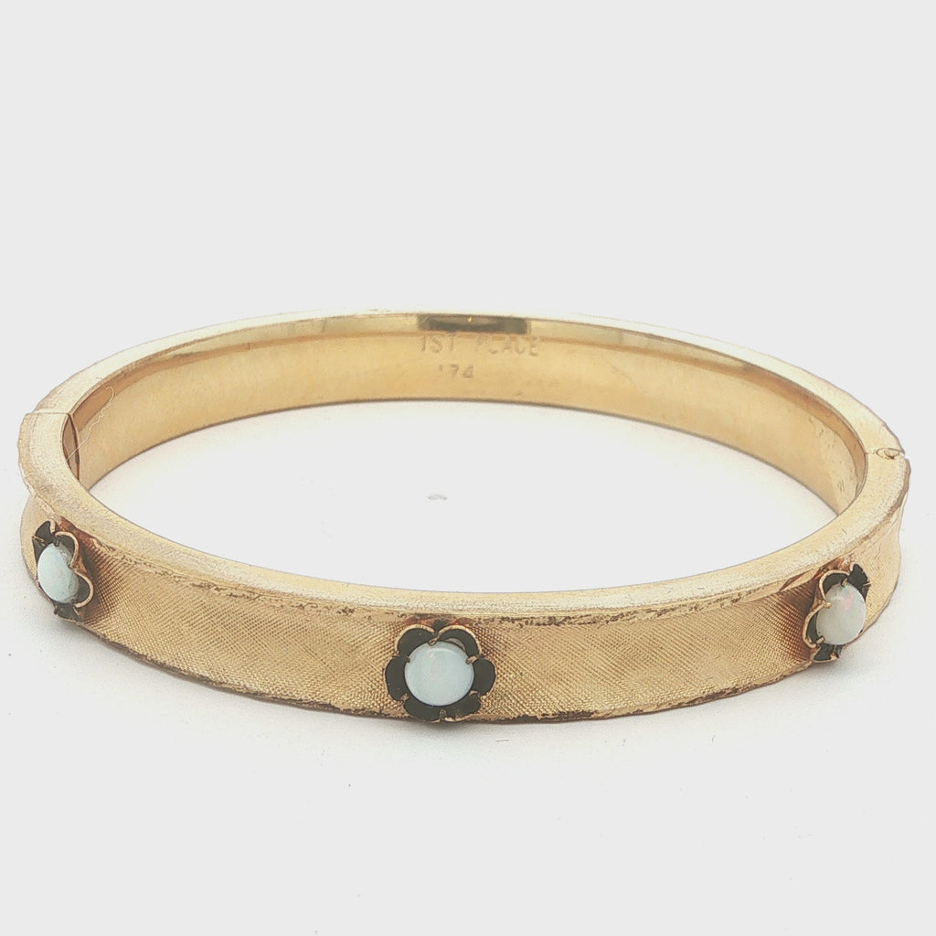 Circa 1974 Vintage Estate Marathon Gold-Filled Natural Opal Hinged Bangle Bracelet 8 Inch 8mm Wide
