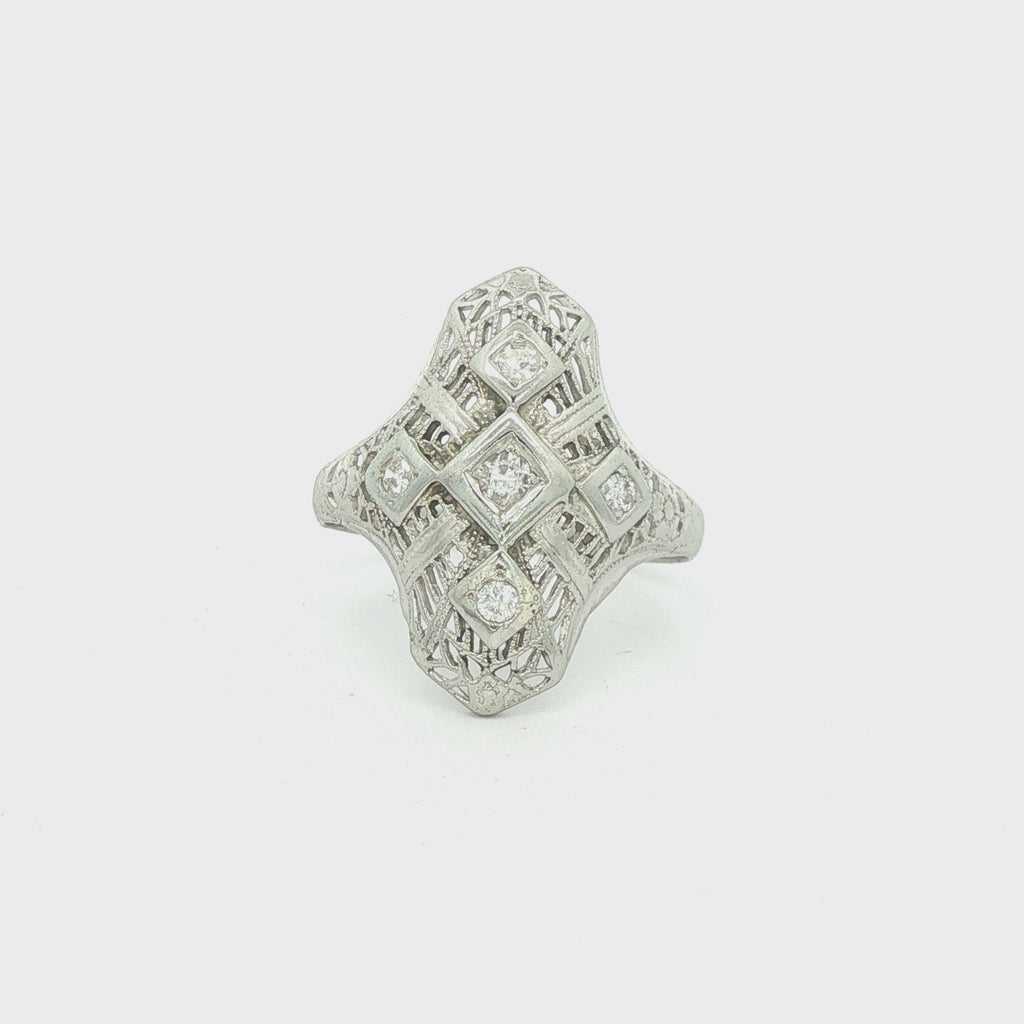 Estate Vintage 1920s Art Deco 14K White Gold Diamond Filigree Ring 0.15 CTW Size 7