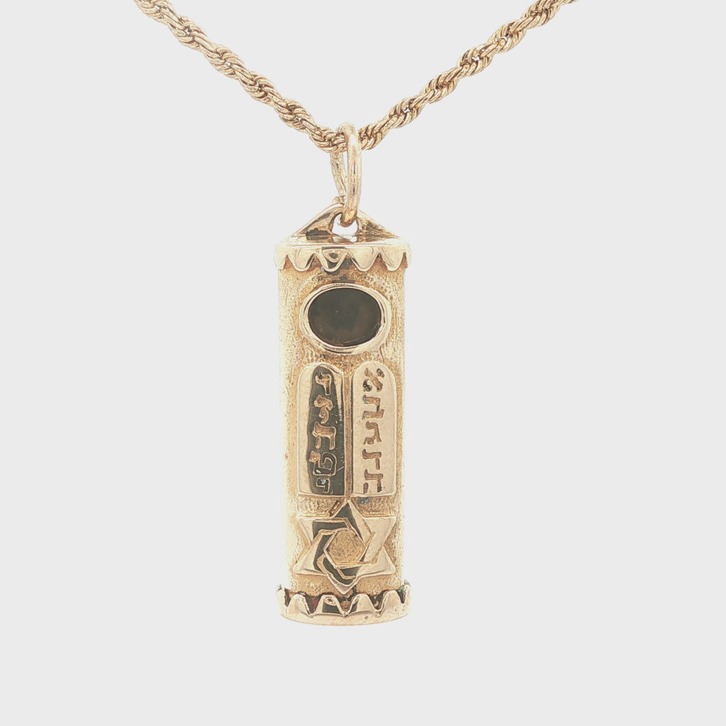 Estate Vintage c. 1980s-1990s 14K Yellow Gold Mezuzah Pendant Star of David Hebrew Prayer Scroll Case 30mm