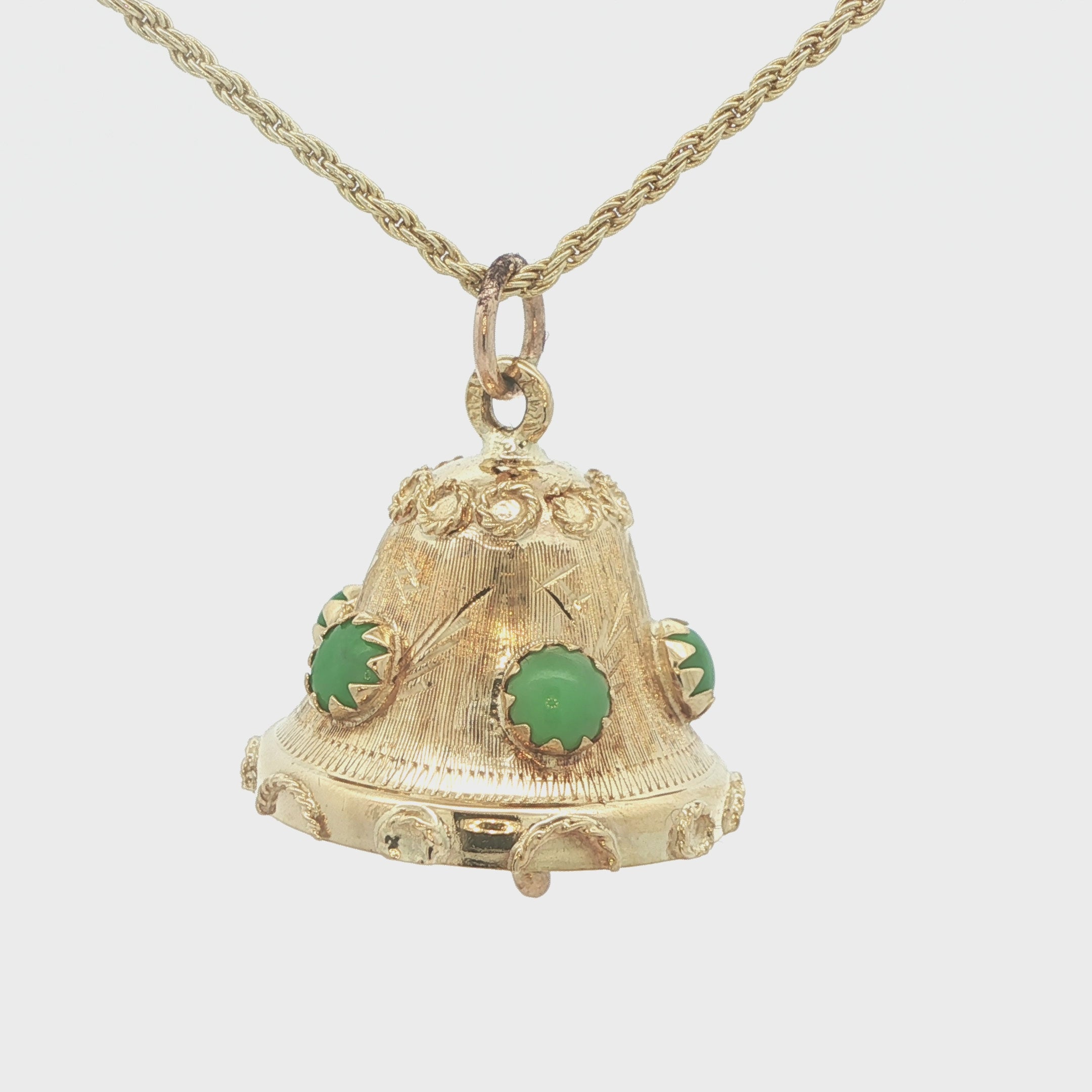 Estate 1970s 18K Yellow Gold Natural Jade Bell Pendant