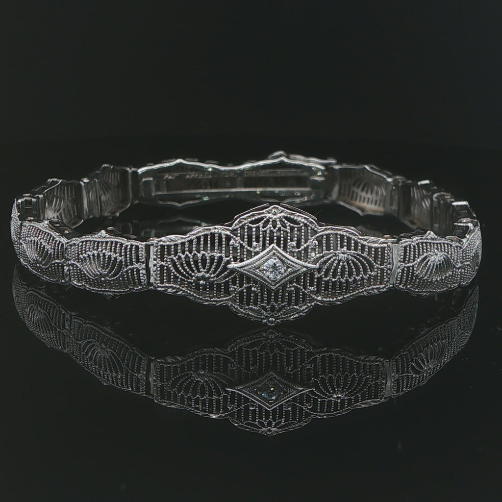 1930s Vintage Esemco 10K White Gold Natural Diamond Filigree Bracelet