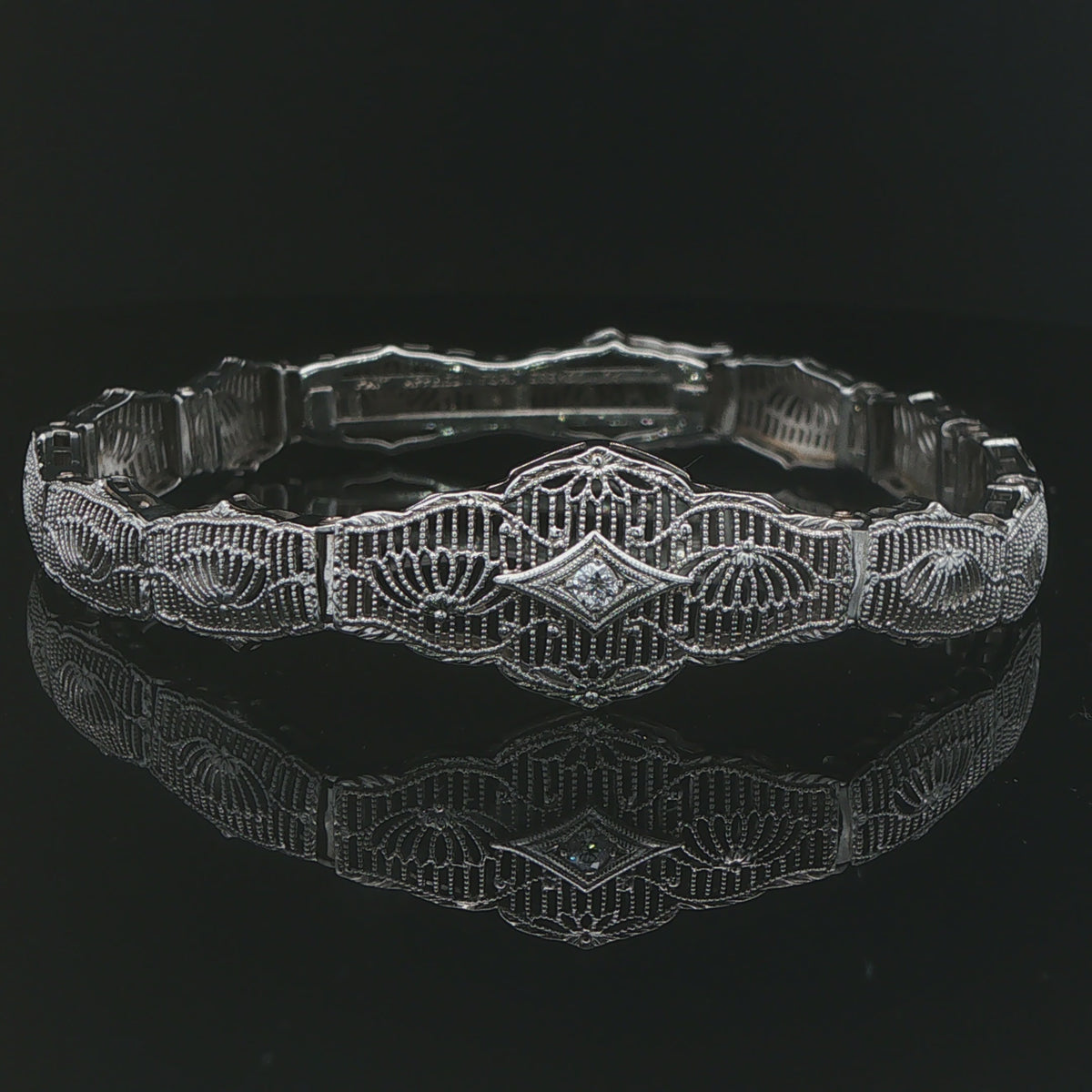 1930s Vintage Esemco 10K White Gold Natural Diamond Filigree Bracelet